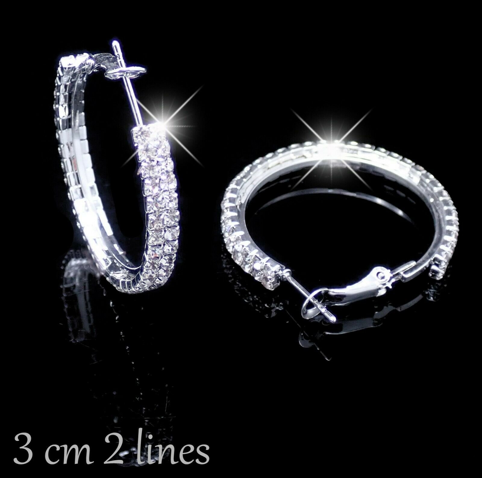 Big Hoop Earrings 3 Lines of SMALL RHINESTONES Round Sparkly Bling