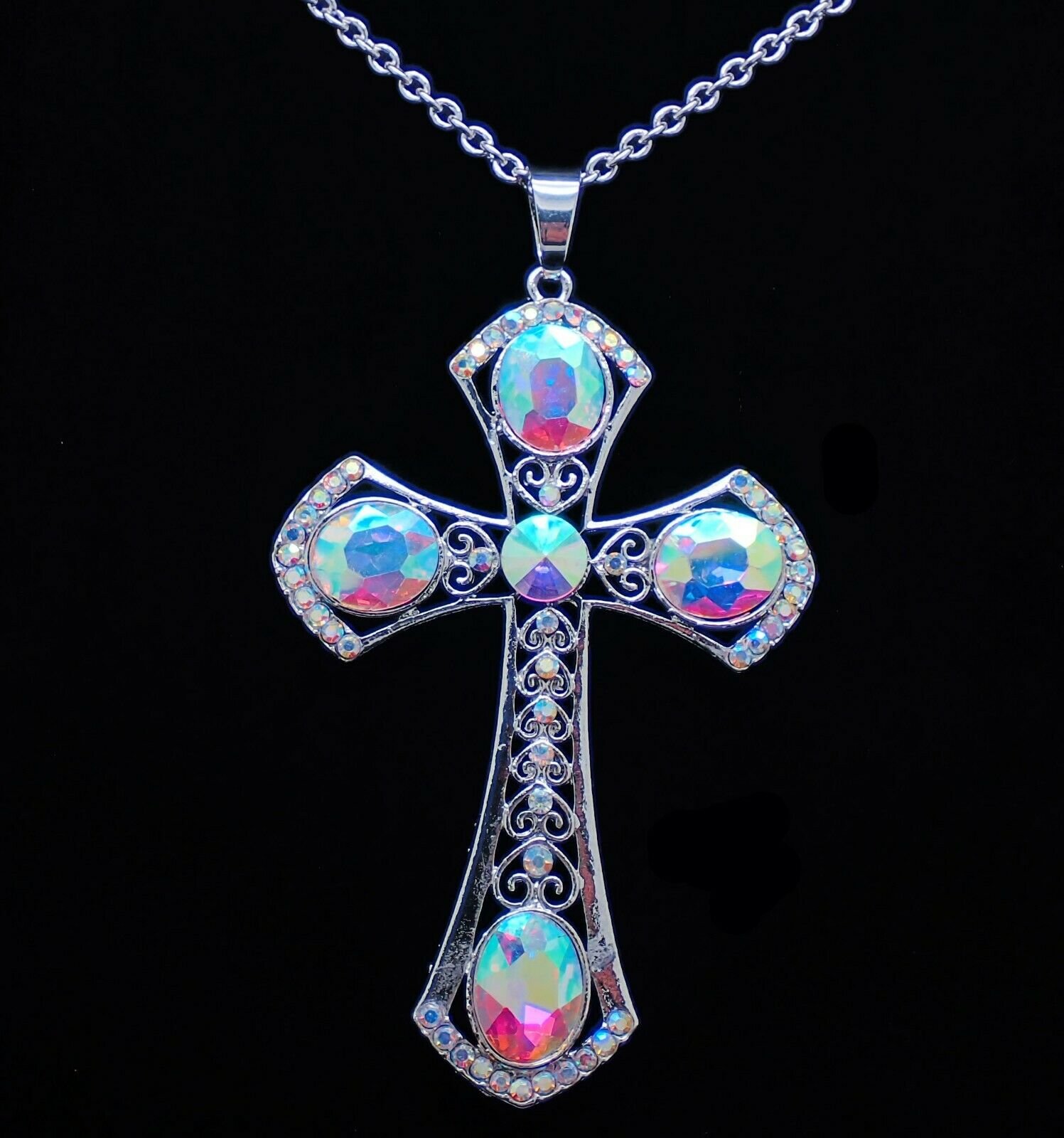 Large Cross Pendent Necklace, AB, Clear, Black or Pink Gems