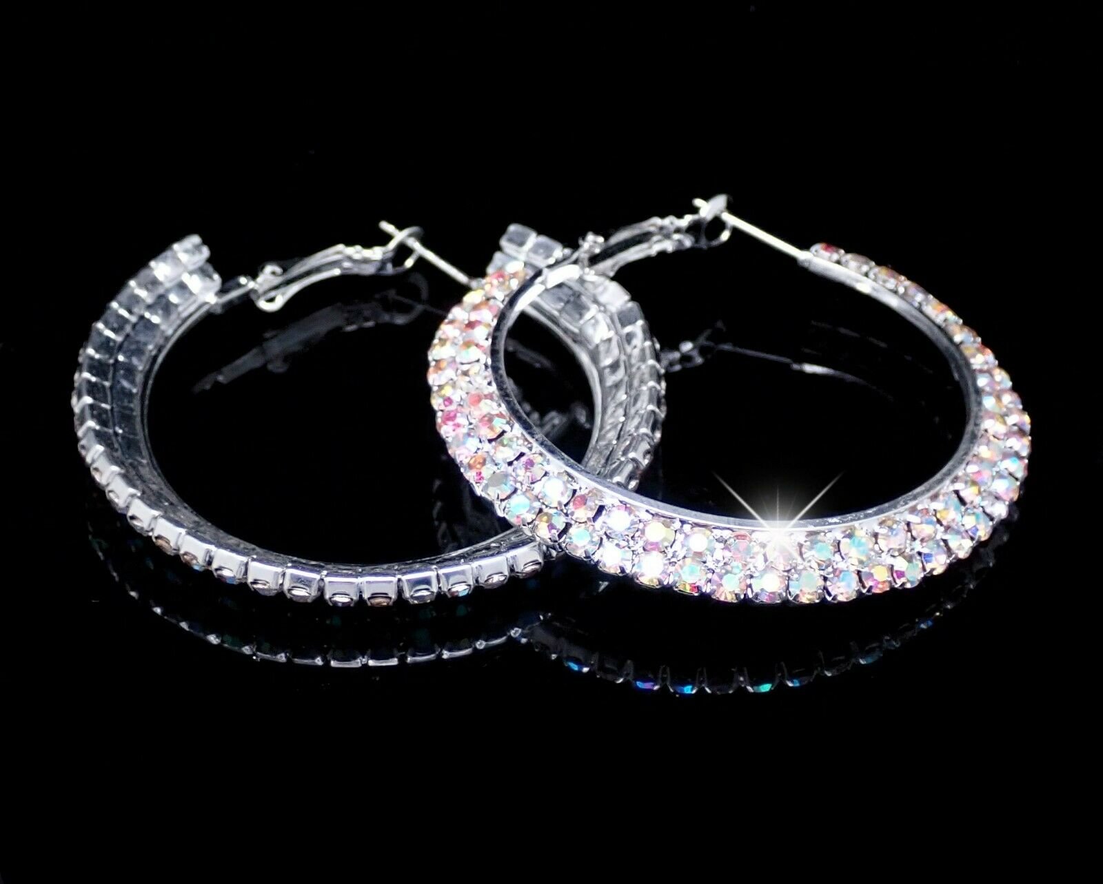 Very Large Chunky Hoop Earrings, Big Rhinestones, Round Sparkly