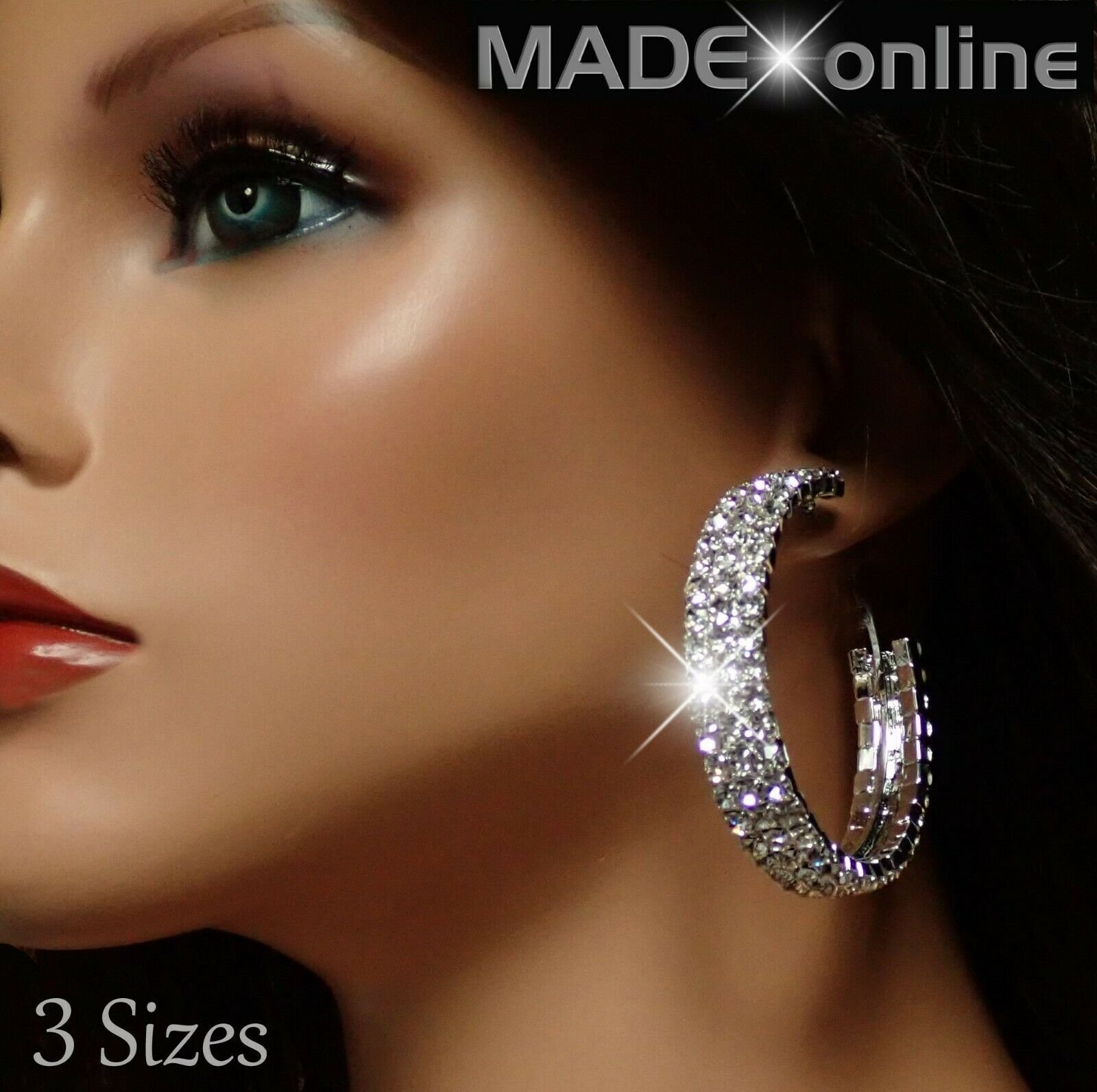 Very Large Chunky Hoop Earrings, Big Rhinestones, Round Sparkly